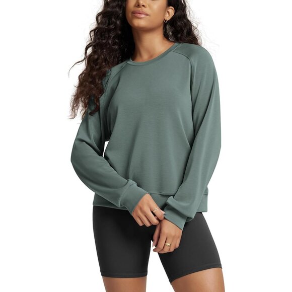 Tops - Women's Slate Green Soft Raglan Long Sleeves Sweatshirts for Oversized Crew Neck